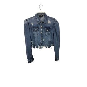 3926) Kosmios Distressed Ripped Puff Shoulder St0ne wash Denim Jacket Large
